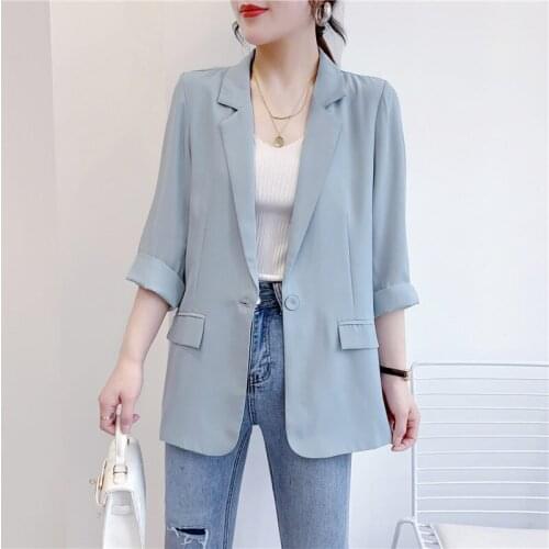 Chiffon Small Suit Jacket Female Thin Section 2021 Summer New Korean Casual Single Button All-match White Blazer Jackets aq796
