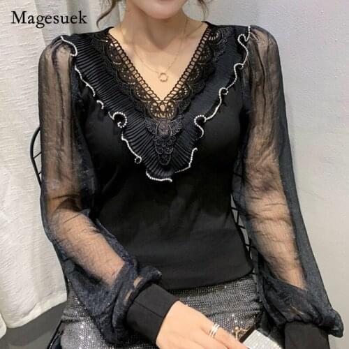 Autumn Winter 2021 New Mesh Lantern Sleeve Womens Top Fashion Long Sleeve T-shirt V-neck Ruffles Shirt for Women Blusas 16655