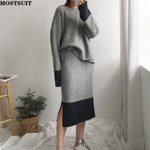 Casual Women 2 Pieces Knitted Set O-neck Full Sleeve Patchwork Sweaters & Elastic Waist Side Split Skirts 2021 Autumn