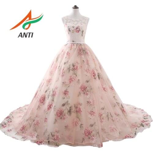 ANTI vestido de noche 2019 Pink Lace Applique Beaded Scoop Prom Dresses Princess Ball Gown Long Party Print Evening Dress Women