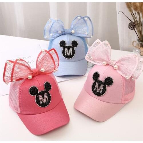 Children Sun Protection Caps cartoon Baseball Cap Girls Pearl Snapback Mesh Ear Kids Baby Sun Hat