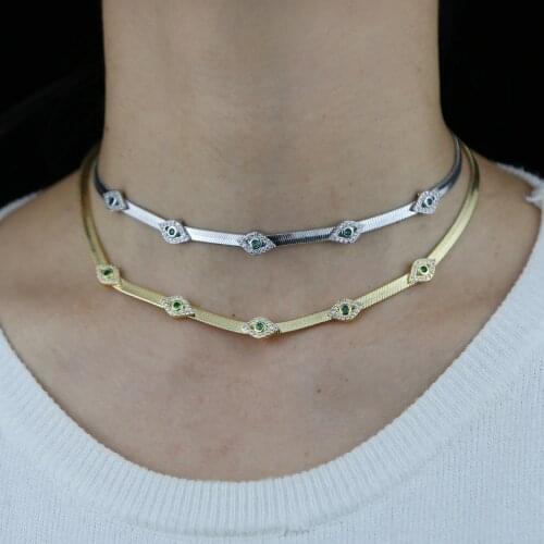 32+10cm Herringbone Chain Choker 5PCS White Green CZ Paved Evil Eye Charm Gold Color Fashion Women Necklace 2021 New