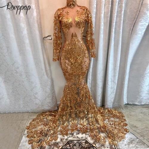 Long Sexy Prom Dresses 2020 See Through High Neck Long Sleeve Gold Sequin African Black Girl Mermaid Illusion Prom Dress