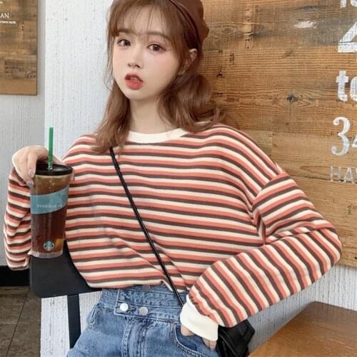 T Shirt Women Spring Autumn 2021 Long Sleeve Streetwear Korean Striped Oversized Female Tshirt Harajuku Casual Tops Tees PD024