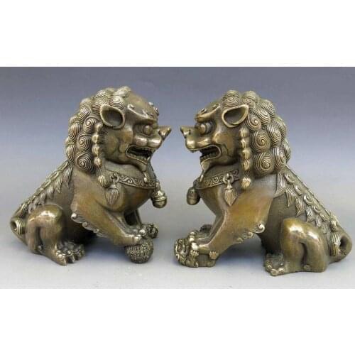 China Feng Shui Brass copper town house Foo Dogs Lion Pair Sculpture Statue