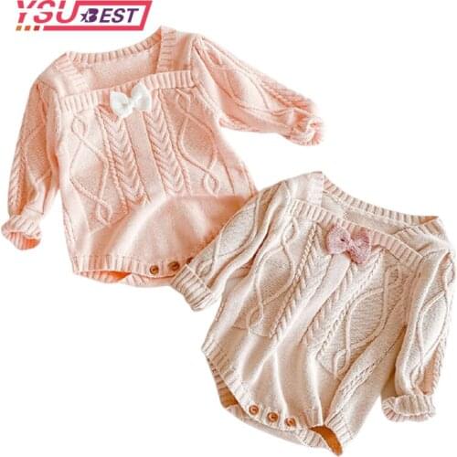 2021 Spring New Infants Clothes Knitted Twist Bow Newborn Baby Girl Bodysuits Long Sleeve Solid Color Toddlers Kids Jumpsuits