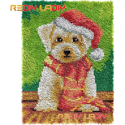 Latch Hook Rug Dog in Santa Hat Crocheting Tapestry Kits DIY Carpet Rug Chunky Yarn Needlework Knitted Floor Mat Hobby & Crafts