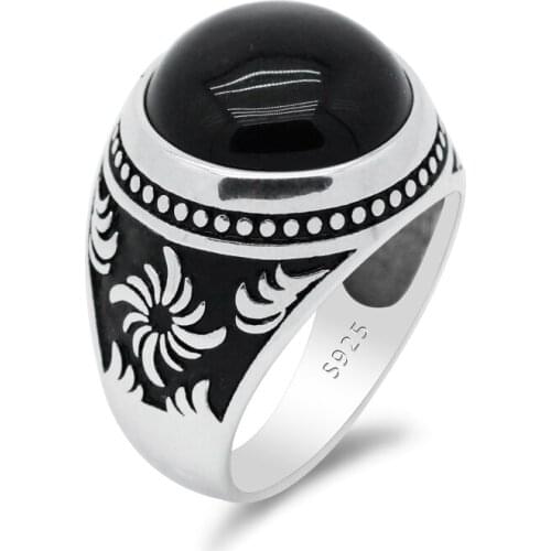 Men Rings Sterling Silver 925 Islamic Muslim with Black Onyx Stone Male Ring Vintage Swirl Design Turkish Handmade Jewelry Gift