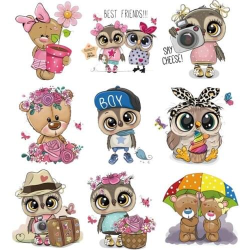 New Cute Lovely Owl Bear Panda Heat Transfers Cartoon Patches For Clothing DIY T-shirt Applique Vinyl Stickers Mom Baby Patches