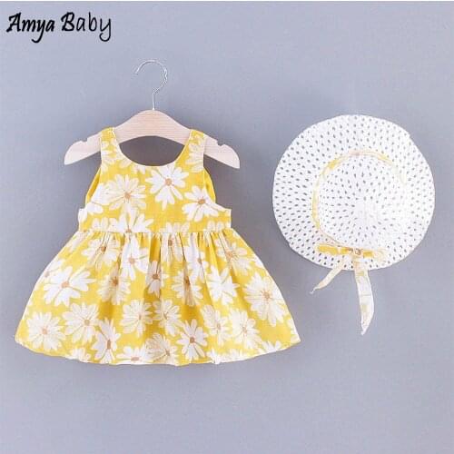 New Arrival Baby Girl Princess Dress Sleeveless Big Bow Floral Girls Clothes Summer 2020 Infant Kids Birthday Dresses With Hat