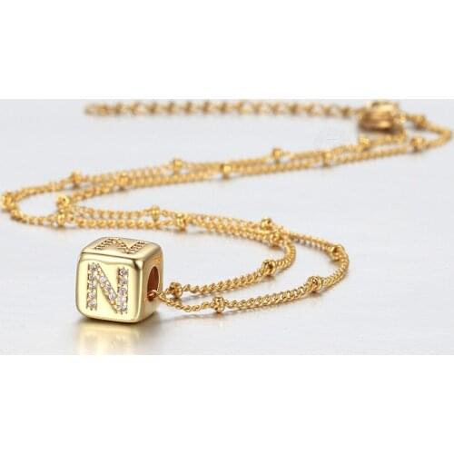 Lovely Initial A-Z Letter Gold Dice Cube CZ Charm Choker Necklace for Women Girls Satellite Chain Length Personalized Gift DN205