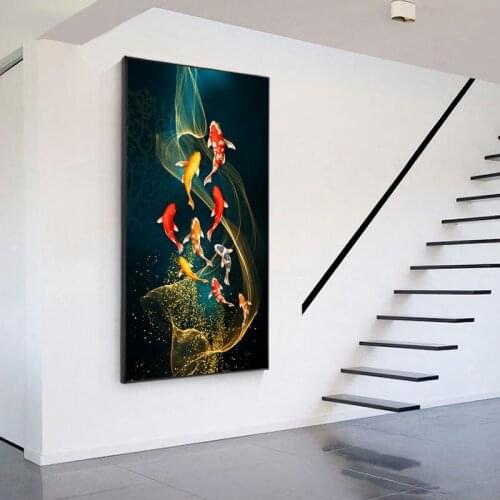 Red Koi Lucky Carp Canvas Painting Fish Goldfish Posters Entrance Home Decor Pictures Cuadros Annual Ring Wall Art Chinese Style