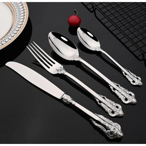Retro Silver Tableware Vintage Silverware 18/10 Stainless Steel Dinner Knife Fork Spoon Wedding Cutlery Western Dinnerware Set
