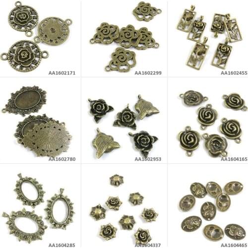 Antique Bronze Tone Jewelry Charms Rose Tags Signs Flower Oval Cabochon Frame Setting Connector Blank Pendant Crafting Making