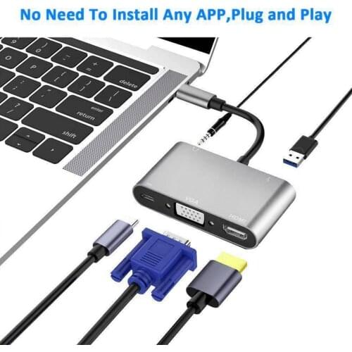 Type C Adapter 5-In-1 3 Usb Type C Hub To Hdmi Vga 3.5 Mm Jack Usb Adapter With Type-C Power Delivery