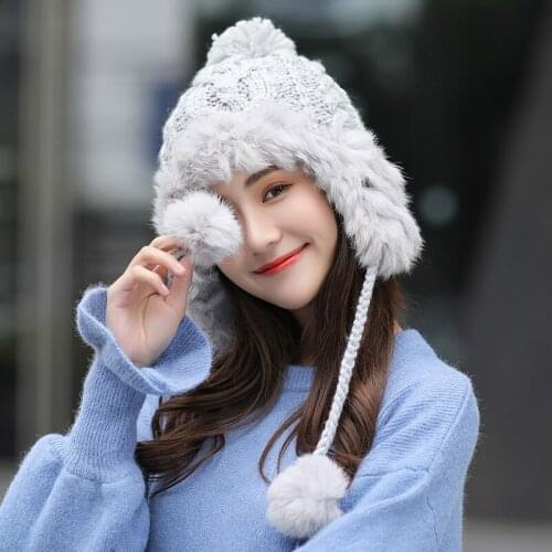 H7732 Women Bomber Hat Winter Ear Protection Thick Thermal Warm Knitted Cap Korean Student Girl Lovely Fur Ball Cute Simple Caps