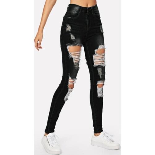 Womens Black Ripped High Waist Jeans Plus Size Fashion Korean Casual Skinny Denim Pencil Pants Jeans Calças Jeans 2021 #T2Q