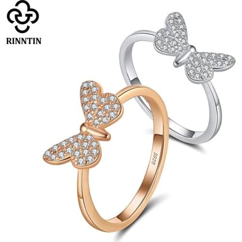 Rinntin 925 Sterling Silver Women Ring Butterfly Pattern With AAA Shiny Zircon Female s925 Rings Fine Jewelry TSR59