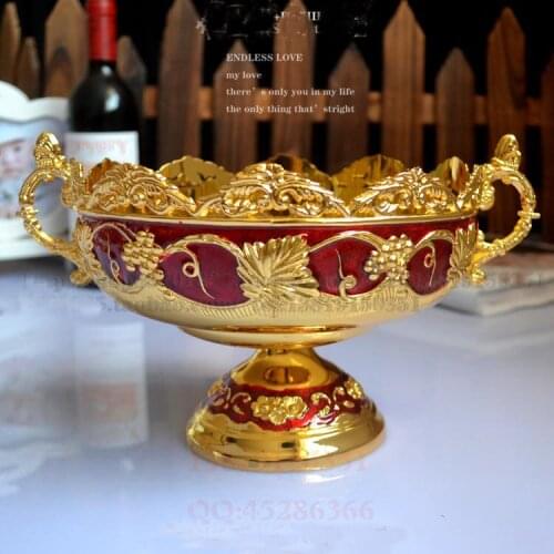 19.5cm round gold red floral embossed carved alloy metal fruit sugar bowl storage tray with pedestal 207B