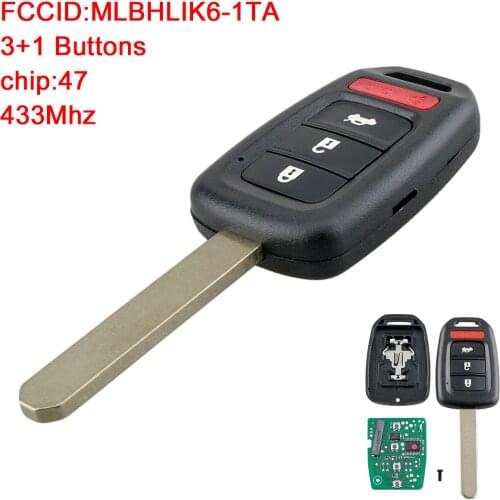 3+1Button 433MHz Keyless Remote Car Key Fob ID47 Chip MLBHLIK6-1TA Keyless Entry Transmitter for Honda Civic 2016 2017 2018 2019