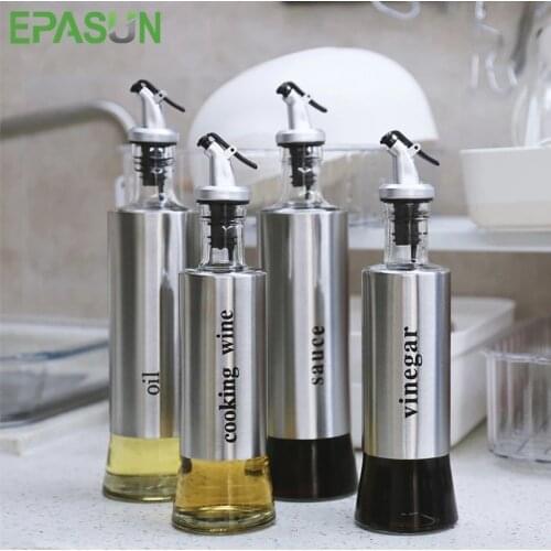 EPASUN 300ml Olive Oil Soy Sauce Cruet Bottle Vinegar Dispenser Cooking Seasoning Container Stainless Steel Glass Storage Bottle