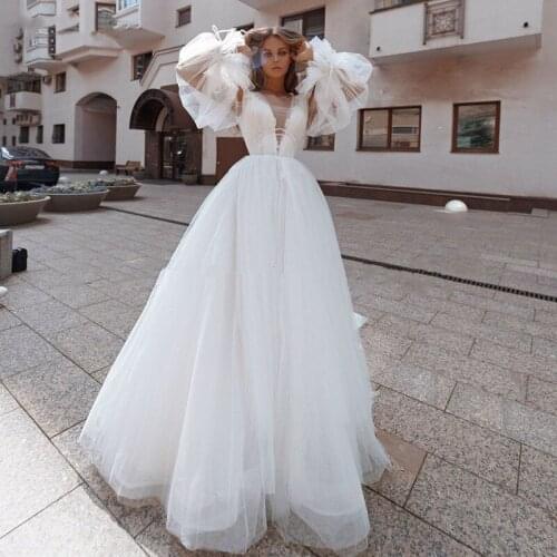 Elegant Wedding Dresses Long Puff Sleeves Vestido De Noiva Floor Length Ivory Puffy Princess Party Bridal Gowns For Girls 2021