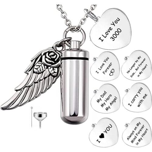 Angel Wing Charm Cylinder and I Love You 3000 Dad Angel Heart Memorial Urn Necklace Stainless Steel Cremation Jewelry for Ashes