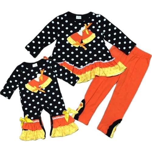 Girlymax Halloween Baby Girls Corn Dots Romper Toddler Pants Cotton Ruffles Set Boutique Sisters Wear Kids Clothing
