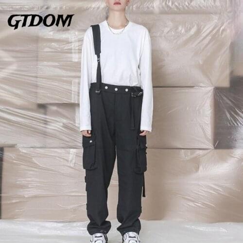 GTDOM Men Autumn Winter 2021 New Rompers Polyester Casual Fashion Loose Solid Color Multiple Pockets Overalls Button Long Pants