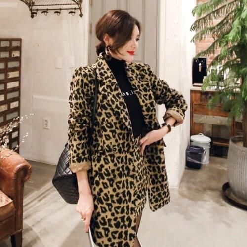 Fashion Double-breasted jacket new arrival elegant slim mini skirt 2 pieces sexy high quality work style warm leopard women set