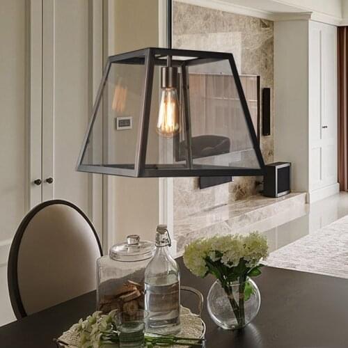 Loft Retro Iron Glass Box Chandelier Living Room Dining Room Restaurant Bedroom Bar Table Fish Line Chandelier Bed luminaria