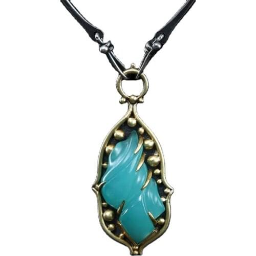 Boho Fashion Carved Blue Stone Pendant Necklace Retro Ocean Sea Wave Shaped Choker Necklace for Women Wedding Chain Jewelry