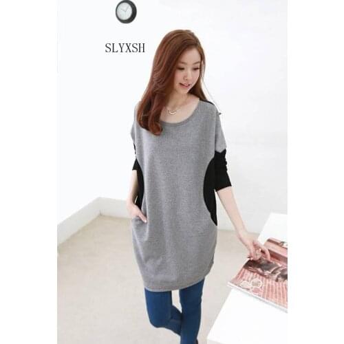 Maternity Dresses Autumn Winter Black Bat Sleeve Splice Knit Dress Women Casual Dress Big Pockets Plus Size Womens Clothing