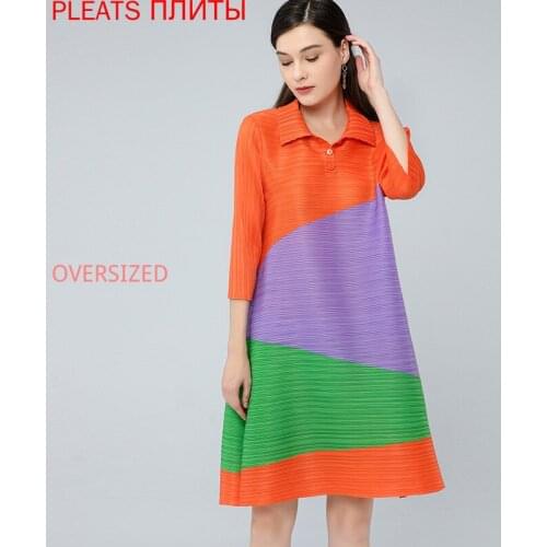 Pleated Design Dress Womens Spring Autumn MIYAKE Fashionable Shirt Collar Splicing Color Contrast Loose Large Size Vestido