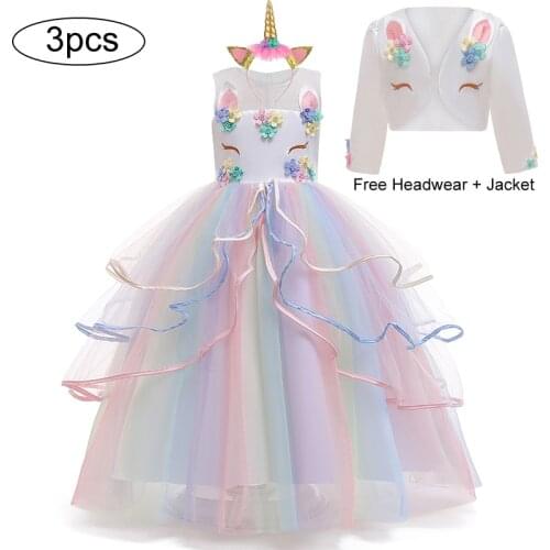 Christmas Girl Unicorn Rainbow Long Dress Flower Girl Wedding Party Princess Dress Lucky Baby Girls Birthday Dress Set 3-12 Year