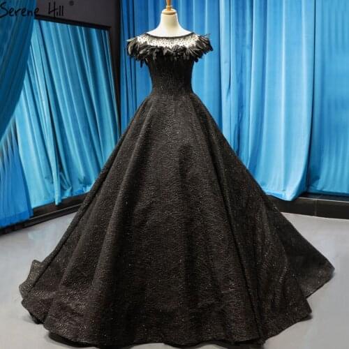 Serene Hill Black Cap Sleeves Evening Gowns 2020 Dubai O-Neck Feathers Sparkle Formal Dress Design HM66775