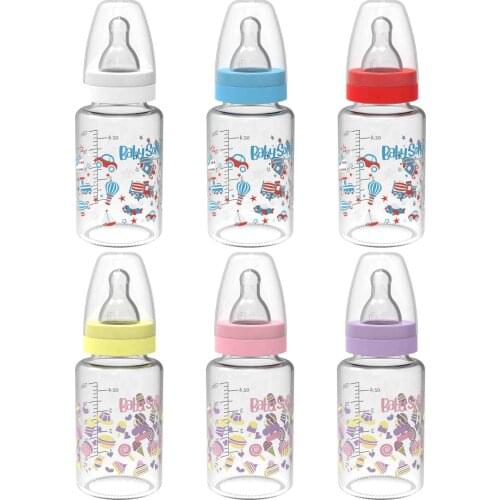 Mother Baby 125 ml Glass Feeding Bottle With Colorful Pattern Quality Caricature Of Round Bottle girl/Boy Babysoft