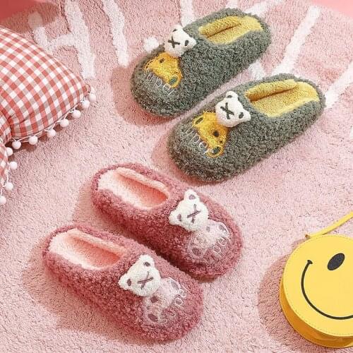 ASIFN Cotton Slippers Women Winter Girls New Home Indoor Warm Plush Soft Bottom Cartoon Cute Bear Couple Fur Shoes for Ladies