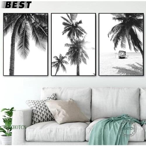 Paisagem tropical cartaz preto branco minimalista imagem da parede praia pintura da lona nordic palmeira impressão arte decoraçã