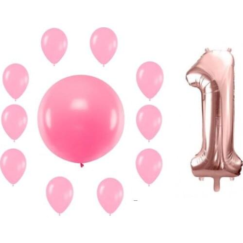 First birthday balloons lot of 12 balloons number one giant rose gold 100 cm giant round pink balloon 60 cm and 10 pink balloons