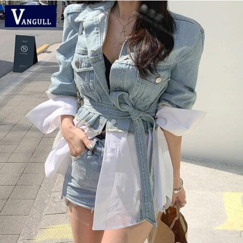 Vangull New 2020 Autumn Winter Womens Denim Jackets Patchwork Sashes Lace Up Outerwear High Street Fashionable Jeans Coat