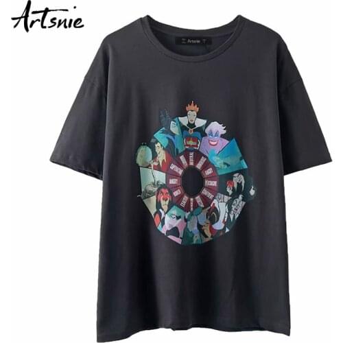 Artsnie streetwear cartoon print women t shirt summer 2020 o neck short sleeve tops female casual knitted black gray t-shirts