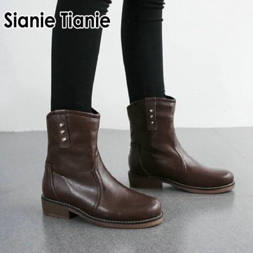 Sianie Tianie winter warm fleece ladies punk shoes woman boots brown PU chunky heels women shoes ankle martin motorcycle boots