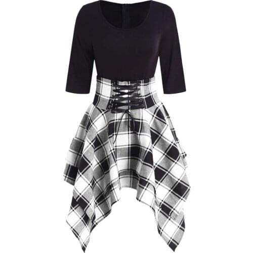 Womens Dresses Punk Gothic Plaid Patchwork Lace Up Dress Short Sleeve Irregular Dress Summer Feminina Vestidos Mujer Plus Size