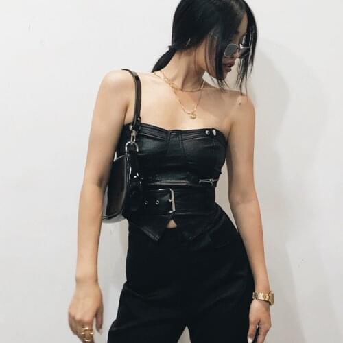 Women Sweetheart Neckline PU Bandeau Corset With Waist Belt Faux Leather Corset Crop Top With Zip Detail