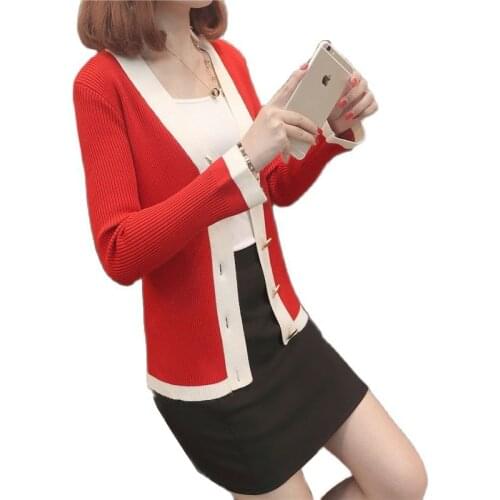 Women Knitting Cardigan 2021New Female Spring Autumn Long Sleeve Sweater Lady Red Black Milk White Casual Tops B1183