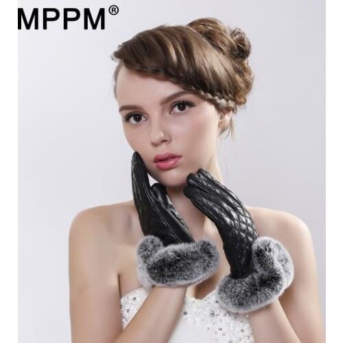 MPPM Winter Genuine Leather Gloves For Women with Rex Rabbit Fur Sheepskin Gloves with Fur Lining Ladies Gloves Fur