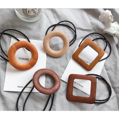 1pcs New Geometric Style Solid wood Button Hairband for Girls Kids Women Elastic Hair Bands Rubber Bands Headwear