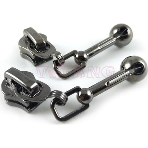 20pcs/lot, Unique Gun Black Color 5# Zipper Sliders with Slim Ball Shape Zipper Pull, Molded Metal Zipper Slider Fix