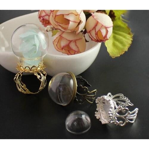5PCS Globe Bottle Rings hollow glass dome with ring findings set glass globe vials glass bottle jewelry findings